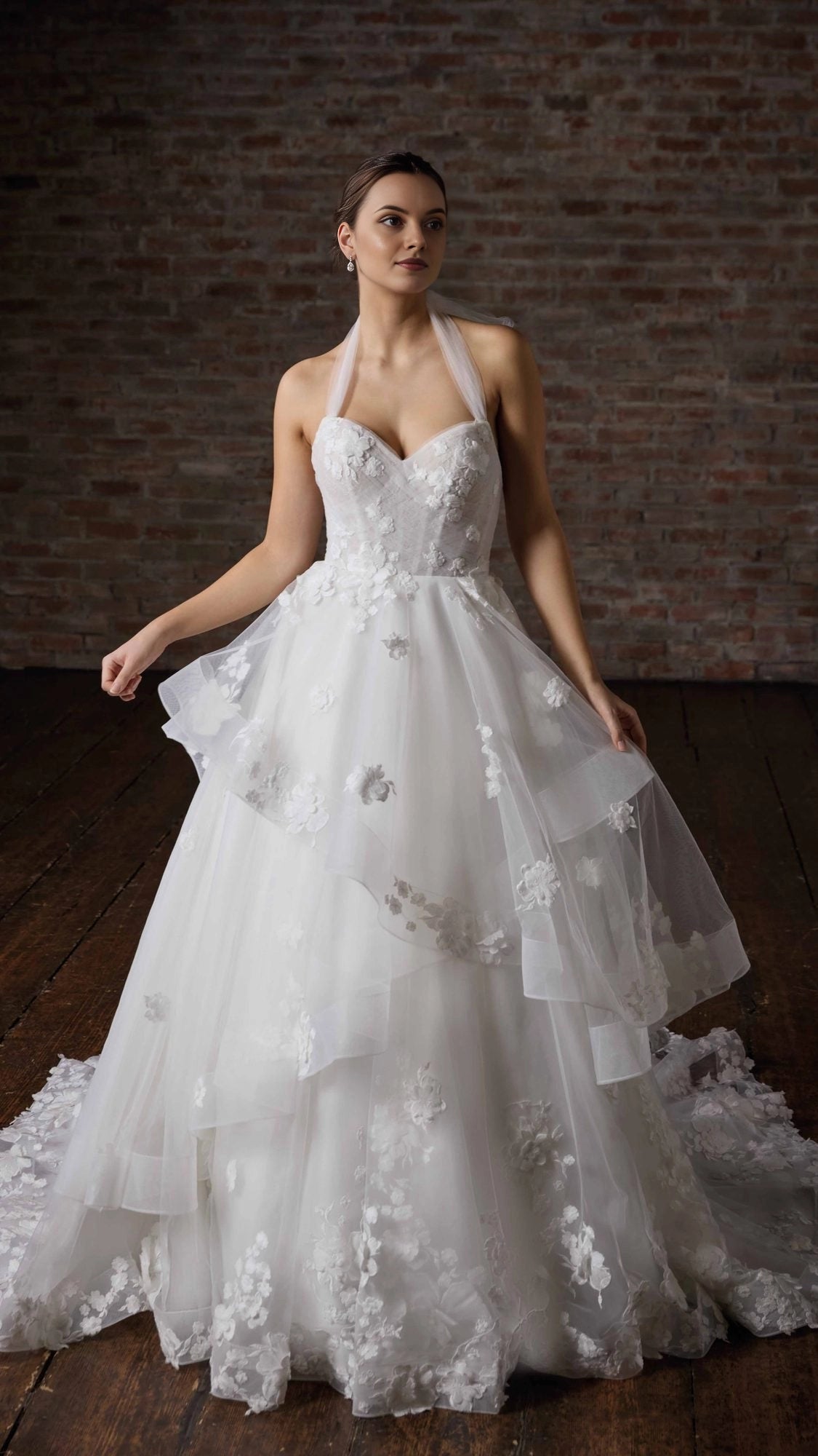 Vedress halter sweetheart A-line wedding dress front view, 3D floral appliques tiered tulle bridal gown